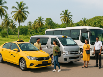Taxi Cabs Lanka fleet of taxi, van and coach with happy passengers